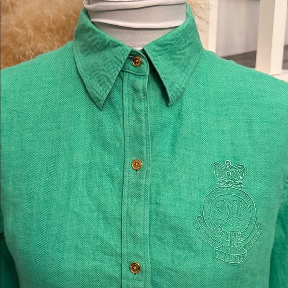 Lauren Ralph Lauren Green 100% Linen Button Down Shirt 3/4 Sleeve Size Small - Picture 2 of 7